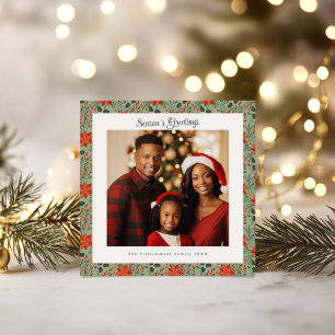 Sage Green & Red Poinsettia Photo Christmas Card