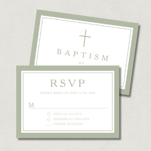 Sage Green Religious Cross Boy Baptism RSVP Card