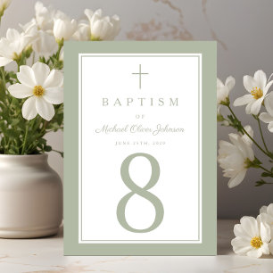 Sage Green Religious Cross Boy Baptism Table Number