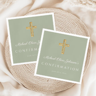 Sage Green Religious Cross Boy Confirmation Napkin