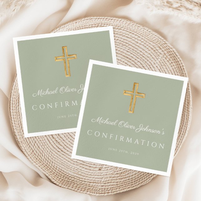 Sage Green Religious Cross Boy Confirmation Napkin (Sage Green Religious Cross Boy Confirmation Napkins)