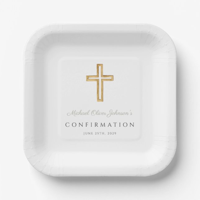 Sage Green Religious Cross Boy Confirmation Paper Plate (Front)