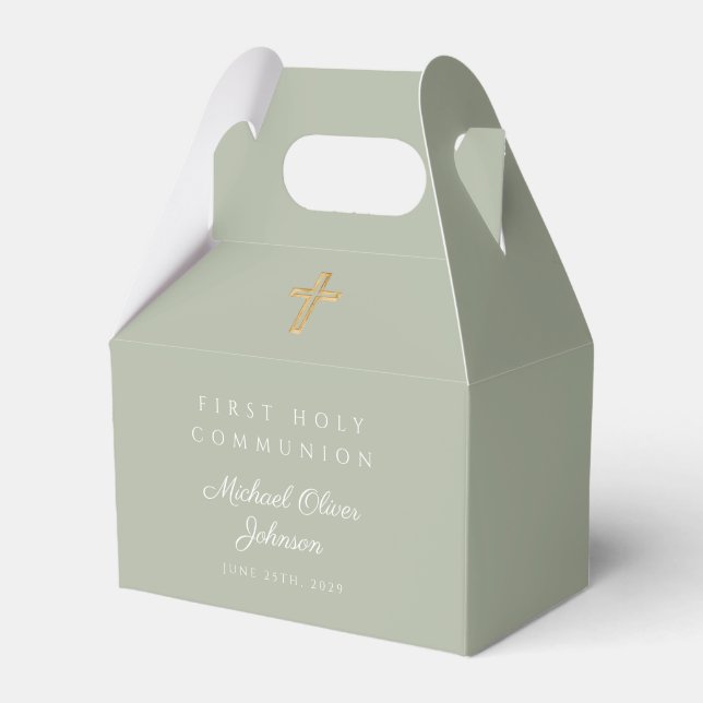 Sage Green Religious Cross Boy First Communion  Favour Box (Front Side)