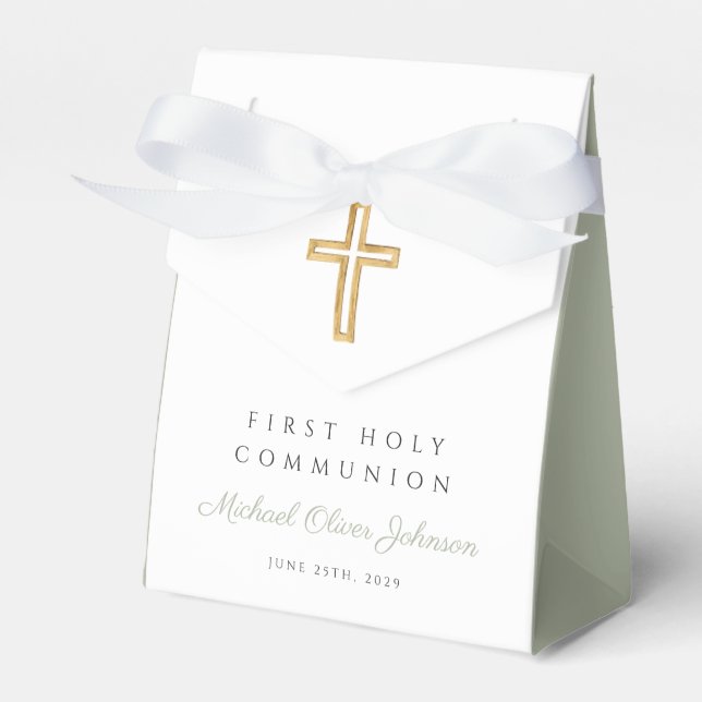 Sage Green Religious Cross Boy First Communion Favour Box (Front Side)