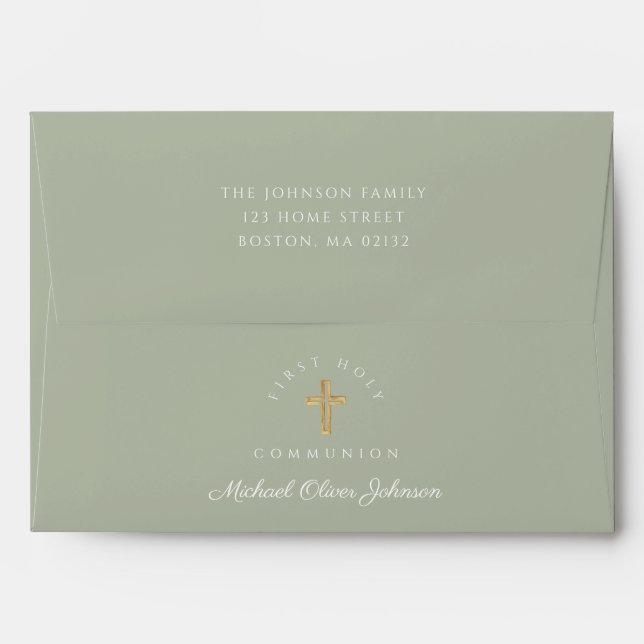 Sage Green Religious Cross First Communion  Envelope (Back (Top Flap))