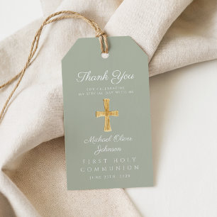 Sage Green Religious Cross First Communion Gift Tags