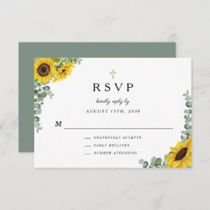 Sage Green Religious Cross Sunflower Wedding RSVP Card