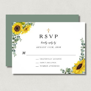 Sage Green Religious Cross Sunflower Wedding RSVP Card