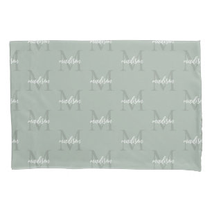 Sage Green Repeating Monogram Personalised Name Pillowcase
