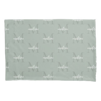 Sage Green Repeating Monogram Personalised Name Pillowcase