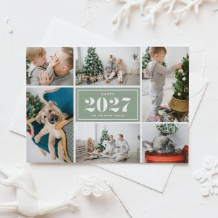 Sage Green Retro 2027 Six Photo Collage New Year Holiday Card