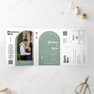 Sage Green Retro Boho Arch Photo QR Code Wedding Tri-Fold Invitation