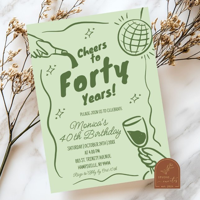 Sage Green Retro Disco Cheers 40th Birthday Invitation (Creator Uploaded)