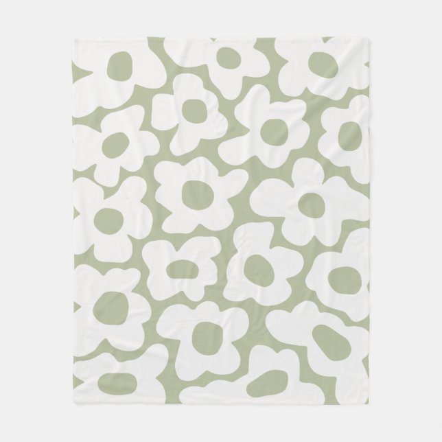 Sage Green Retro Groovy Baby Flowers Pattern Fleece Blanket (Front)