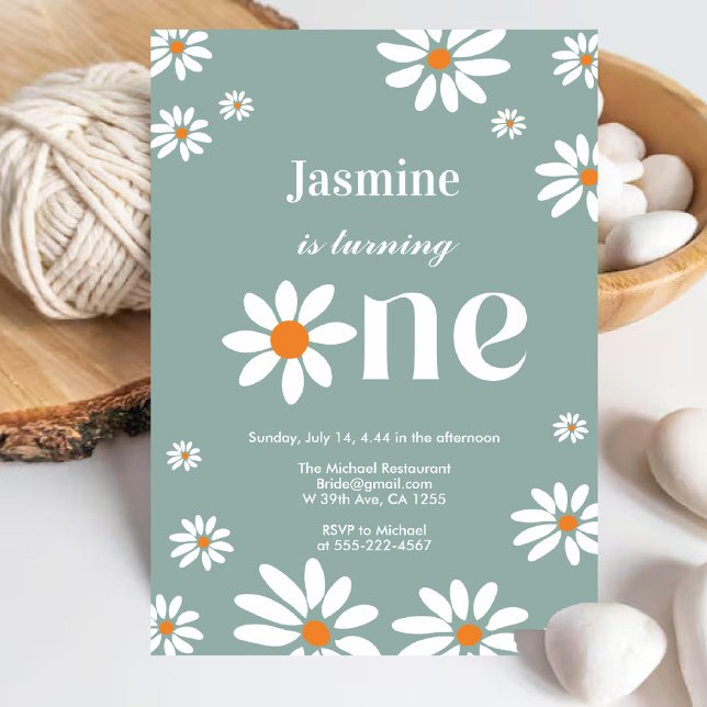 Sage Green Retro Groovy Daisy Florals 1st Birthday Invitation (Sage Green Retro Groovy Daisy Florals 1st Birthday Invitation)