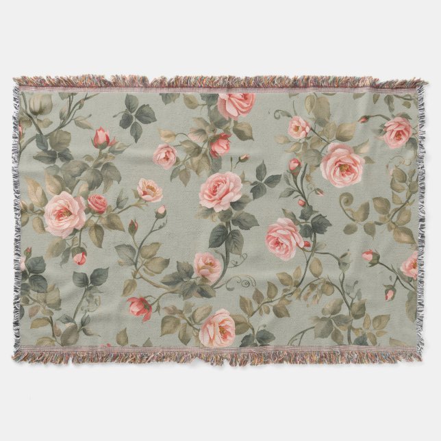 Sage Green Retro Maximalist Floral Throw Blanket (Front)