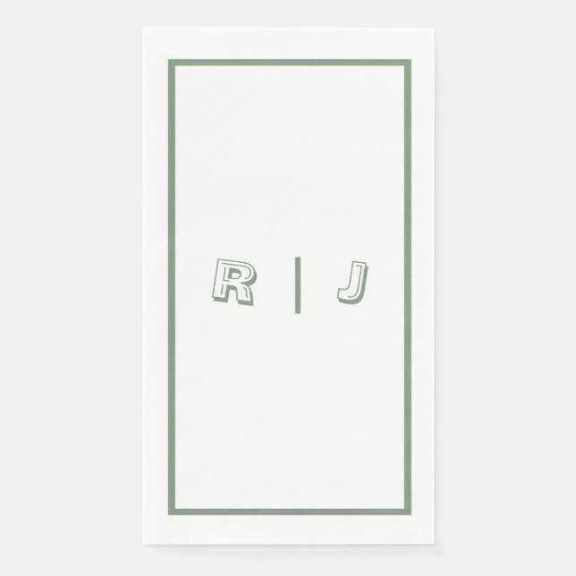 Sage Green Retro Monogram Initials White Wedding Napkin (Front)