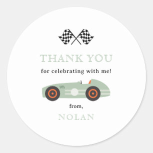 Sage Green Retro Race Car Theme Thank You Classic Round Sticker