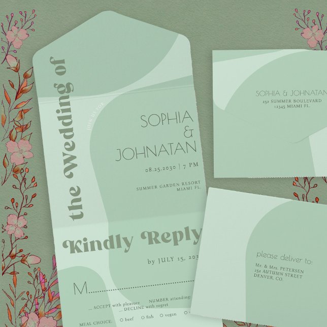 Sage green retro vibes bold typography wedding all in one invitation (Creator Uploaded)