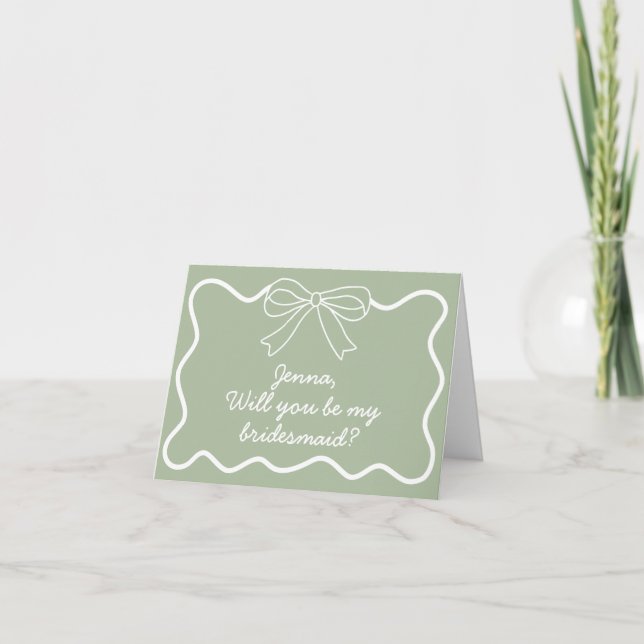 Sage Green Retro Wavy Bridesmaid Proposal Card (Front)