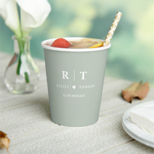 Sage Green Roman Numerals Monogram Wedding Paper Cups