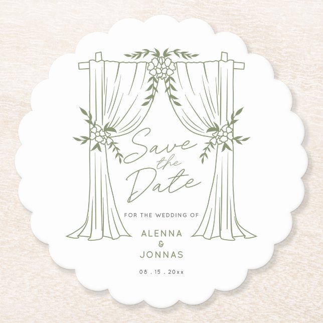 Sage Green Romance Save the Date Paper Coaster (Front)