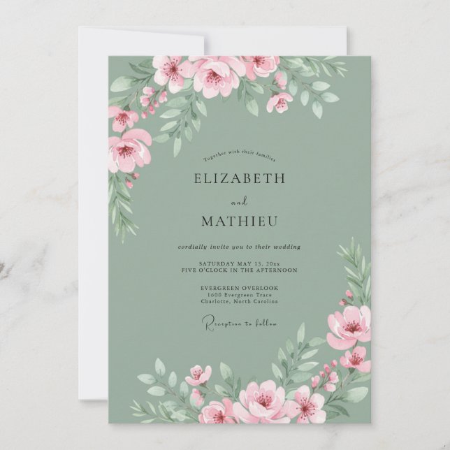 Sage Green Romantic Blossom Wedding Invitation (Front)