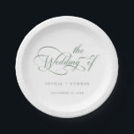 Sage Green Romantic Classy Calligraphy Wedding  Paper Plate<br><div class="desc">Simple sage green and white wedding paper plate features elegant,  romantic swirly calligraphy lettering with your names. For more advanced customisation of this design,  please click the BLUE DESIGN TOOL BUTTON above!</div>