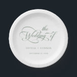 Sage Green Romantic Classy Calligraphy Wedding  Paper Plate<br><div class="desc">Simple sage green and white wedding paper plate features elegant,  romantic swirly calligraphy lettering with your names. For more advanced customisation of this design,  please click the BLUE DESIGN TOOL BUTTON above!</div>