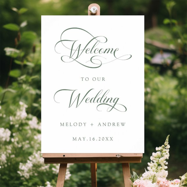Sage Green Romantic Swirly Script Wedding Welcome Poster (Creator Uploaded)