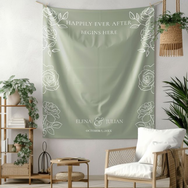 Sage Green Rose Floral Wedding Reception Backgroun Tapestry (Creator Uploaded)