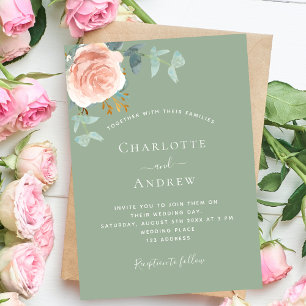 Sage green rose gold blush luxury wedding invitation