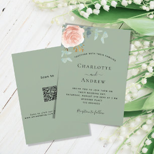 Sage green rose gold blush QR RSVP details wedding Invitation