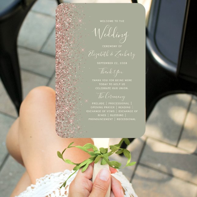 Sage Green Rose Gold Glitter Edge Wedding Program Hand Fan (Creator Uploaded)