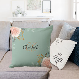 Sage green rose gold pink floral monogram name cushion