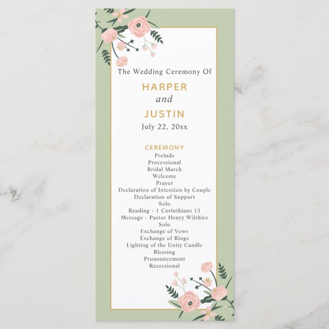 Sage Green & Rose Pink Garden Elegant Wedding Programme (Front)