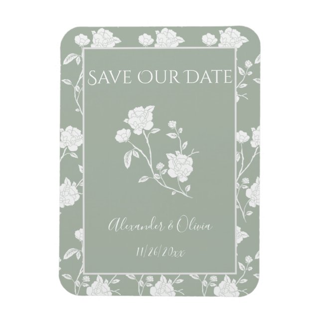 Sage Green Rose Save The Date Magnet (Vertical)