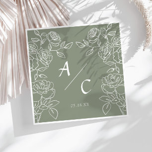 Sage Green Rose Wedding Floral Couple Monogram Napkin