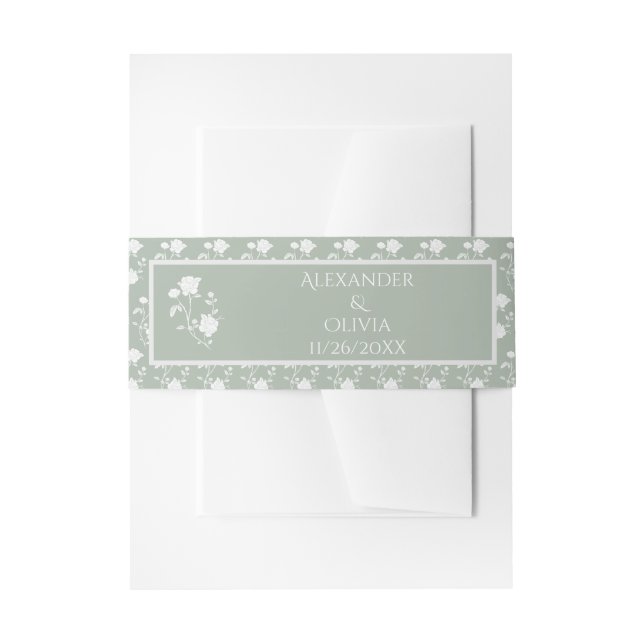 Sage Green Rose Wedding Invitation Belly Band (Front Example)
