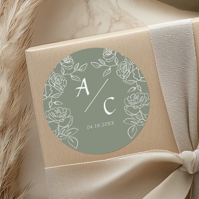 Sage Green Rose Wedding Monogram Couple Initials Classic Round Sticker (Creator Uploaded)