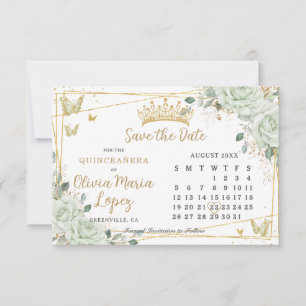 Sage Green Roses Floral Gold Quinceañera Calendar Save The Date