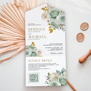 Sage Green Roses Floral QR Code Wedding All In One Invitation