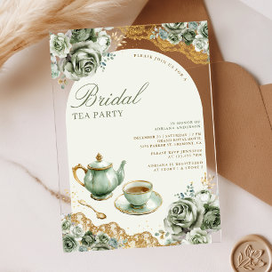 Sage Green Roses Floral Tea Party Bridal Shower Acrylic Invitations