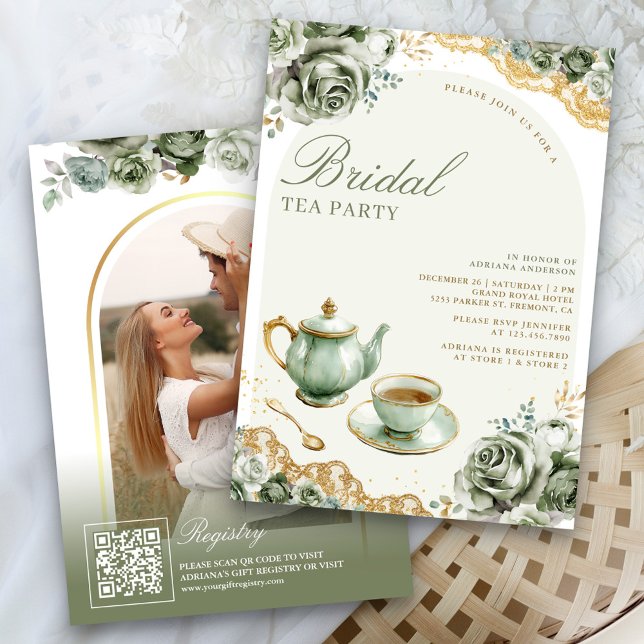 Sage Green Roses Floral Tea Party Bridal Shower Invitation (Creator Uploaded)