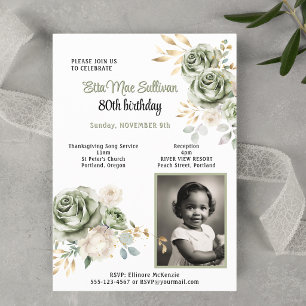 Sage green Roses gold leaves 80th birthday Photo  Invitation