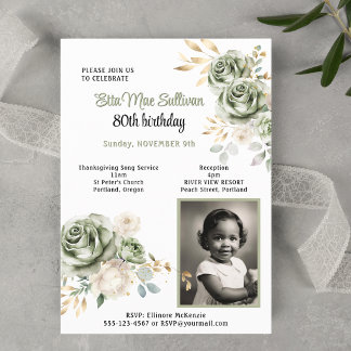 Sage green Roses gold leaves 80th birthday Photo Invitation