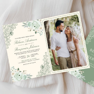 Sage Green Roses Lace Floral Cream QR Code Wedding Invitation