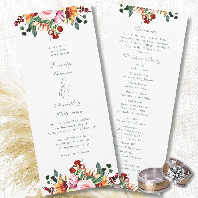Sage Green Rust Yellow Orange Floral Wedding Programme (Creator Uploaded)