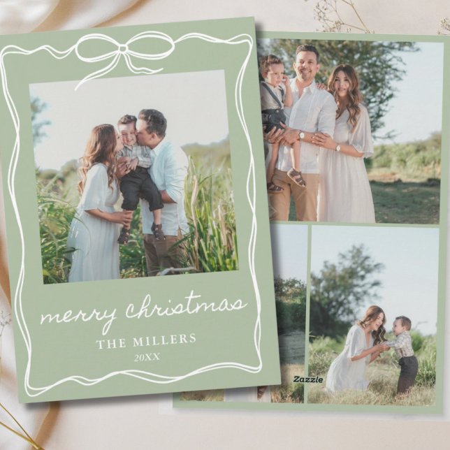 Sage Green Rustic Bow Christmas 4 Photo Family Holiday Card (Creator Uploaded)