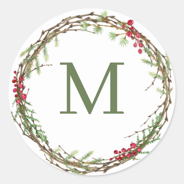 Sage Green Rustic Christmas Wreath Monogram Classic Round Sticker (Front)